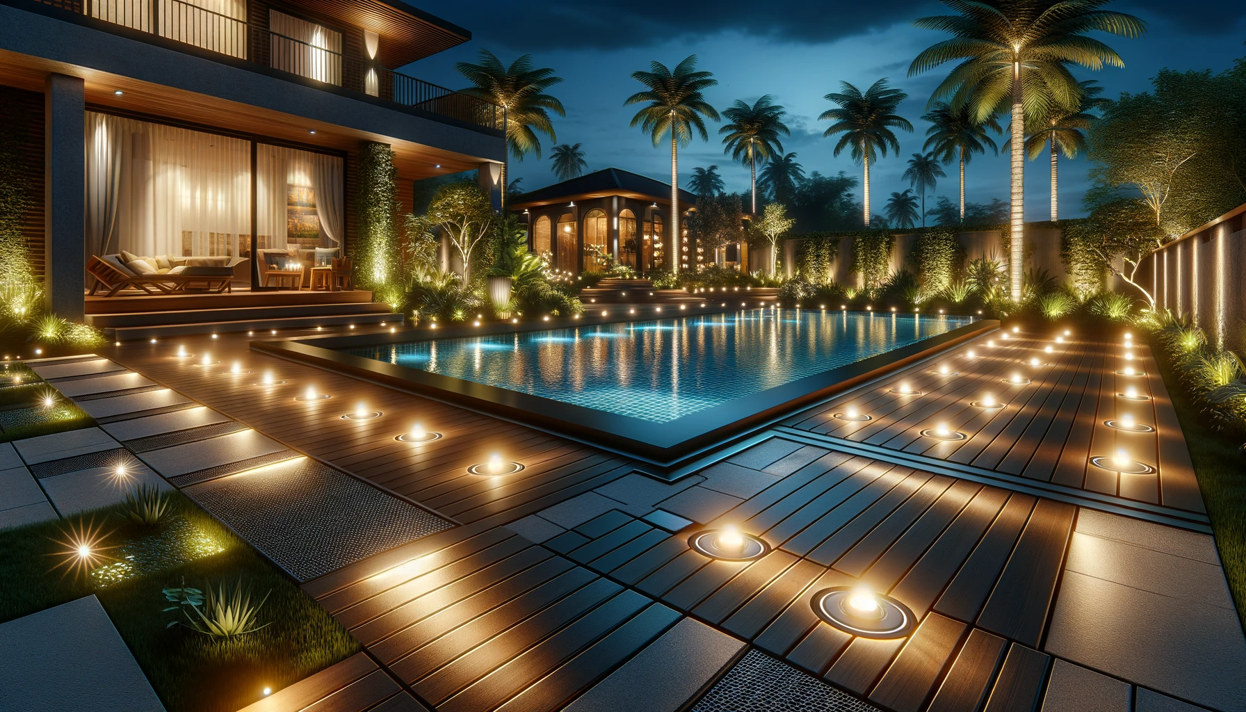 Envision a pool deck transformed at night by innovative lighting solutions, creating a warm and inviting environment for evening gatherings