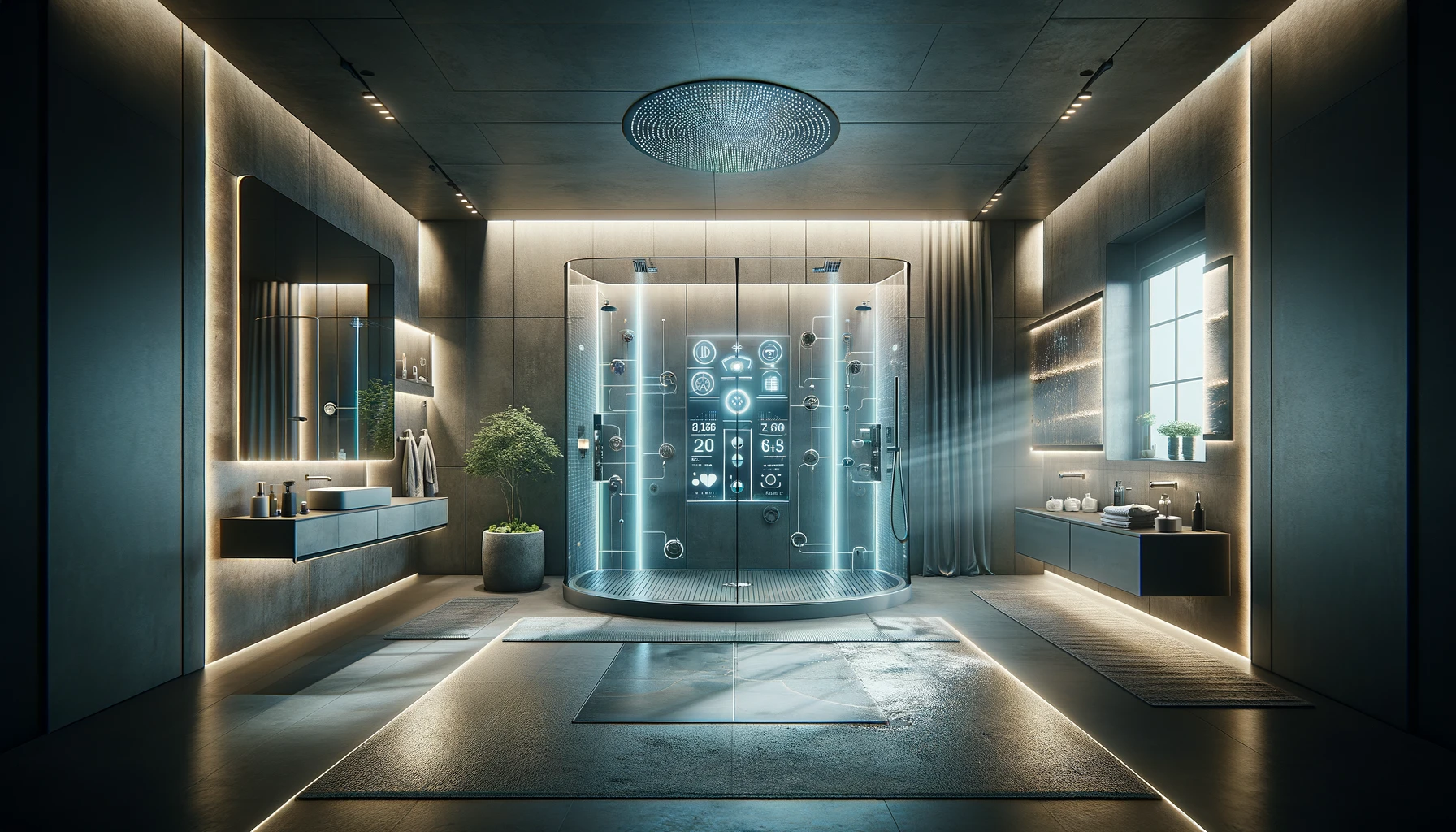 Envision a state-of-the-art luxury bathroom that embodies the perfect blend of luxury and innovation. This bathroom features the latest techno.