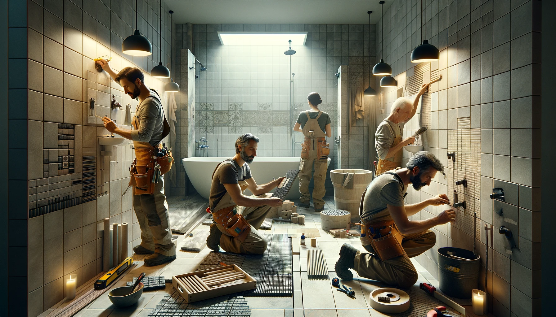 Imagine a scene where a team of skilled craftsmen are meticulously installing a shower and tub