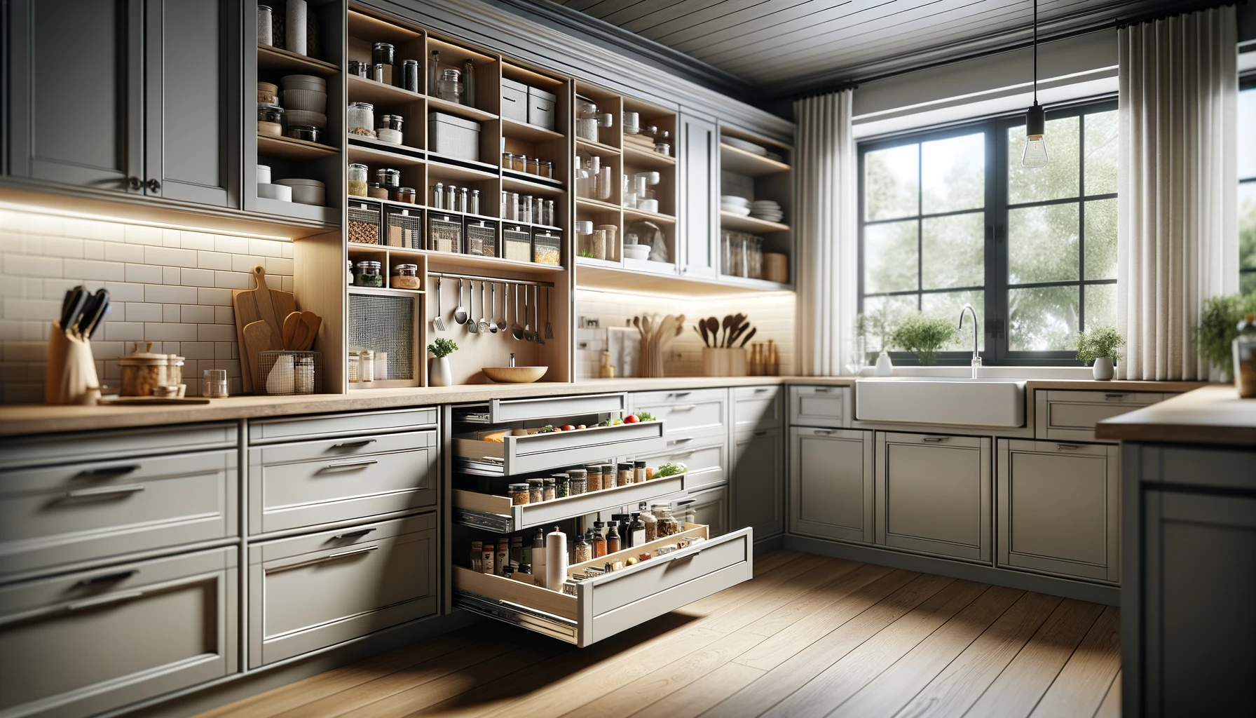 Visualize a functional and stylish kitchen that showcases innovative storage solutions. Focus on features like a pull-out pantry and custom dr