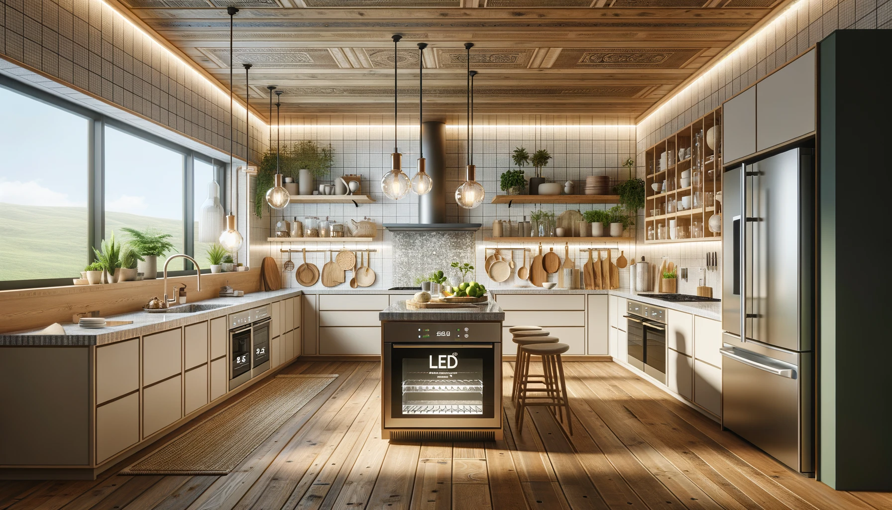 Visualize a kitchen that exemplifies eco-friendly living, equipped with energy-efficient appliances and countertops made from recycled material