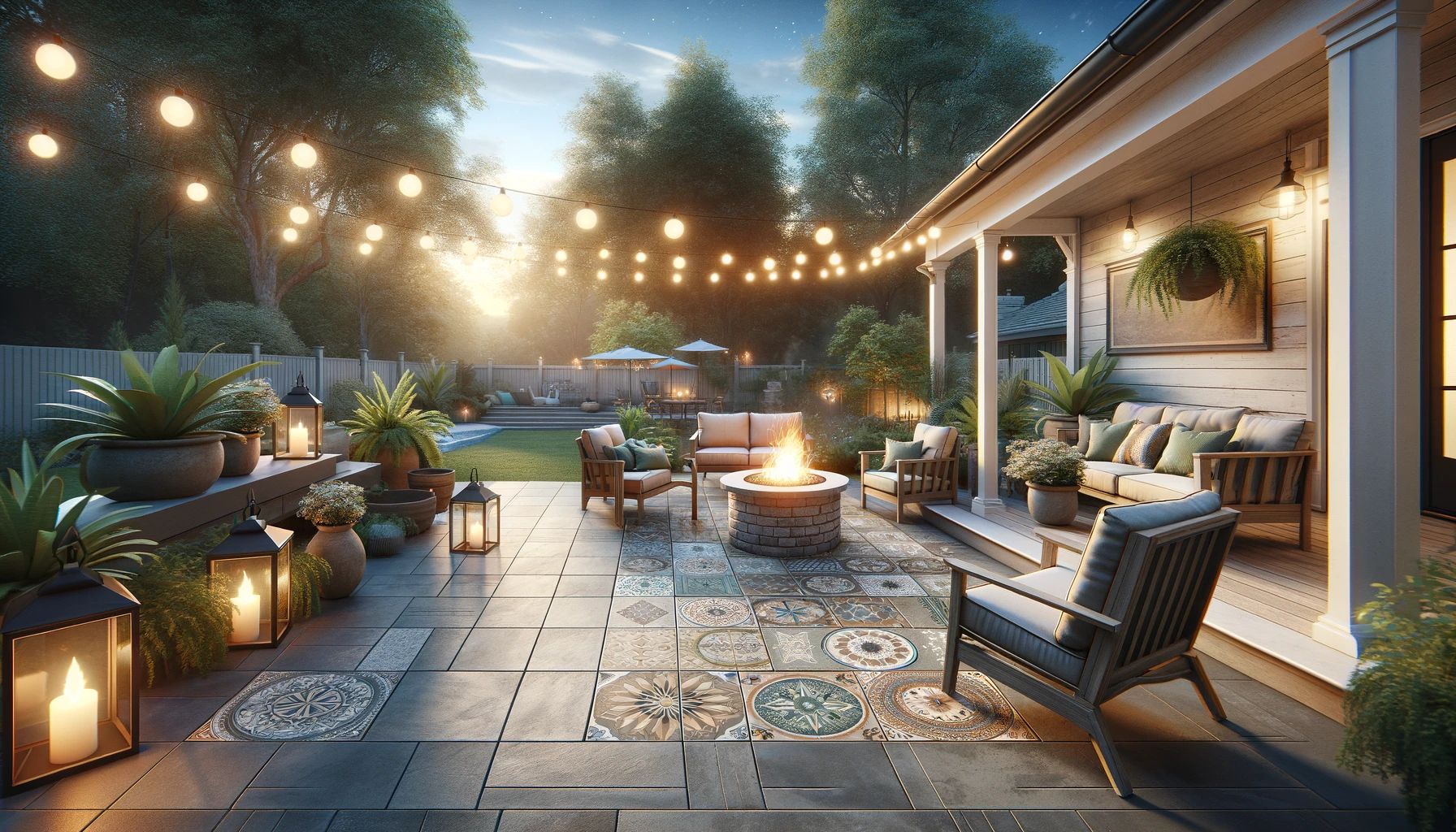 Visualize a realistic and inviting outdoor patio space that showcases the expertise of A Plus Tile and Remodeling