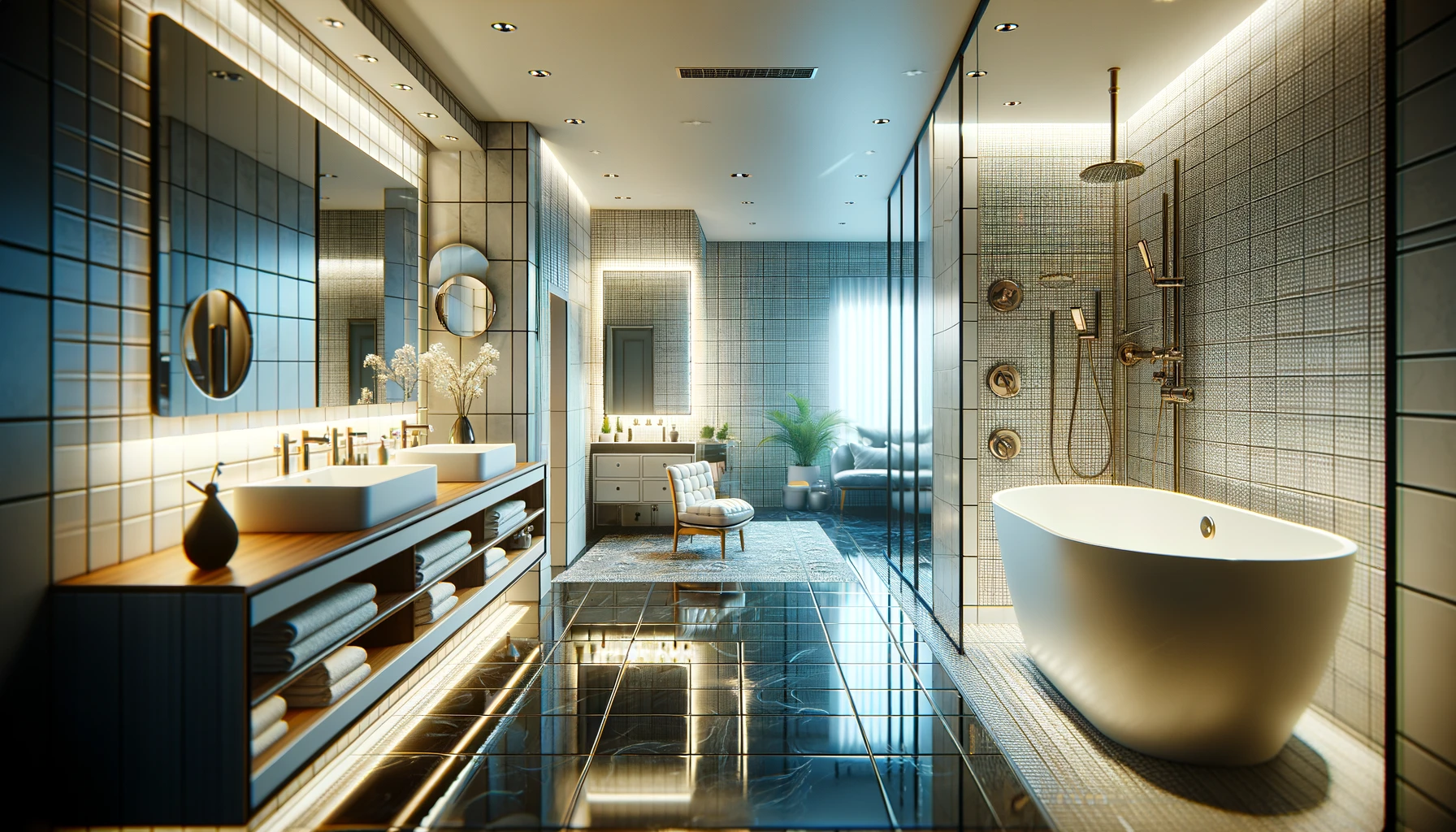 Visualize an elegant, fully renovated bathroom that epitomizes luxury and sophistication.