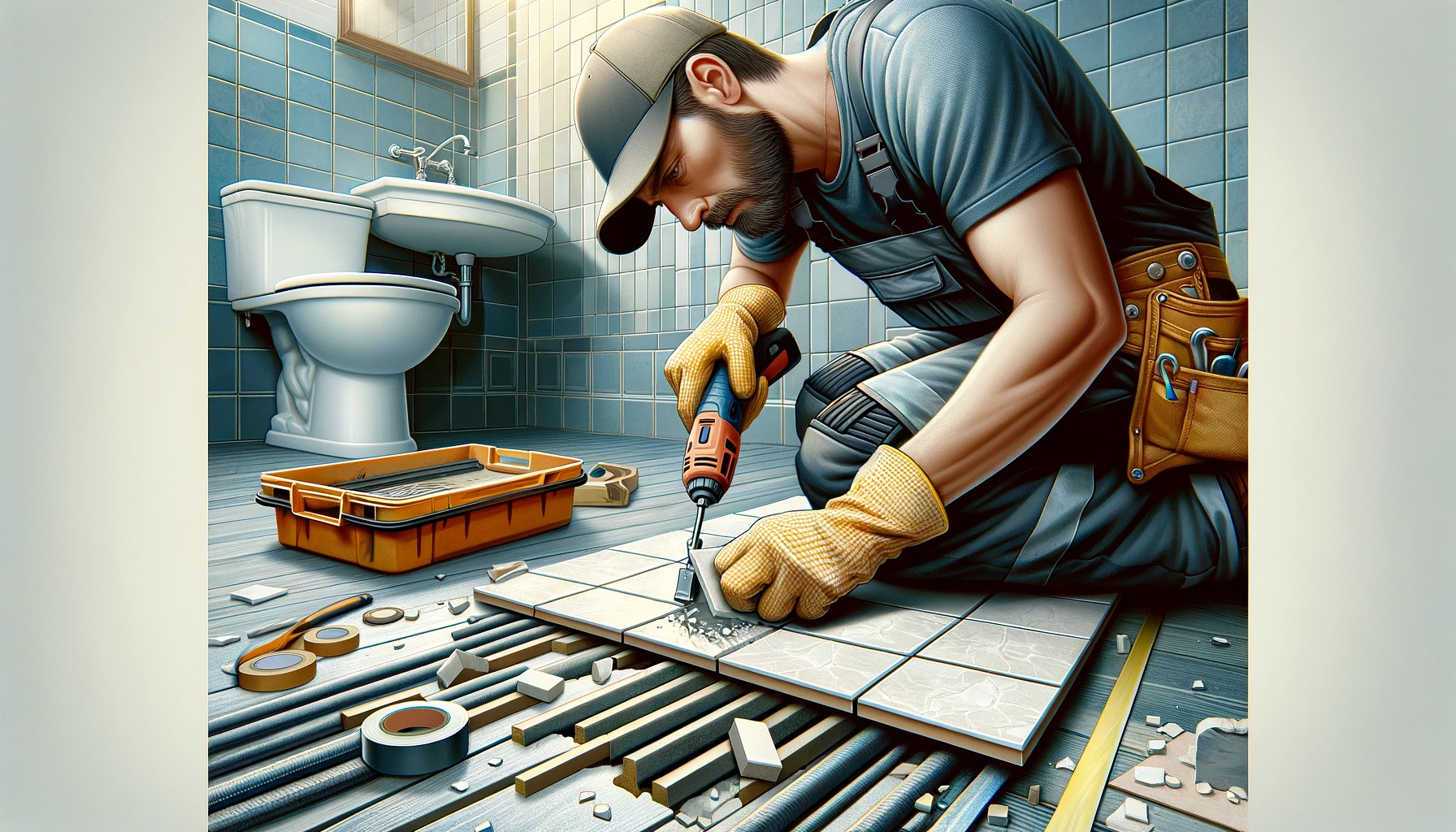 a close-up action shot of a skilled technician using specialized tools to precisely remove a damaged ceramic tile from a bathroom floor.