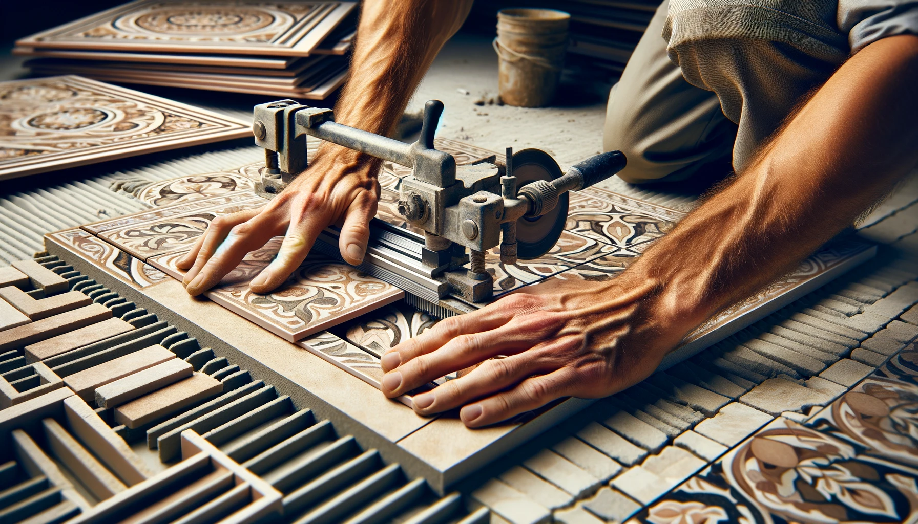 a close-up view of an artisan's hands as they expertly use a professional tile cutter to precisely cut a piece of ceramic tile.