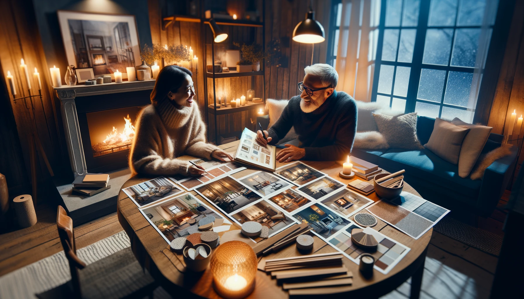 a cozy consultation scene where a homeowner is excitedly sharing their dream fireplace ideas with a designer.