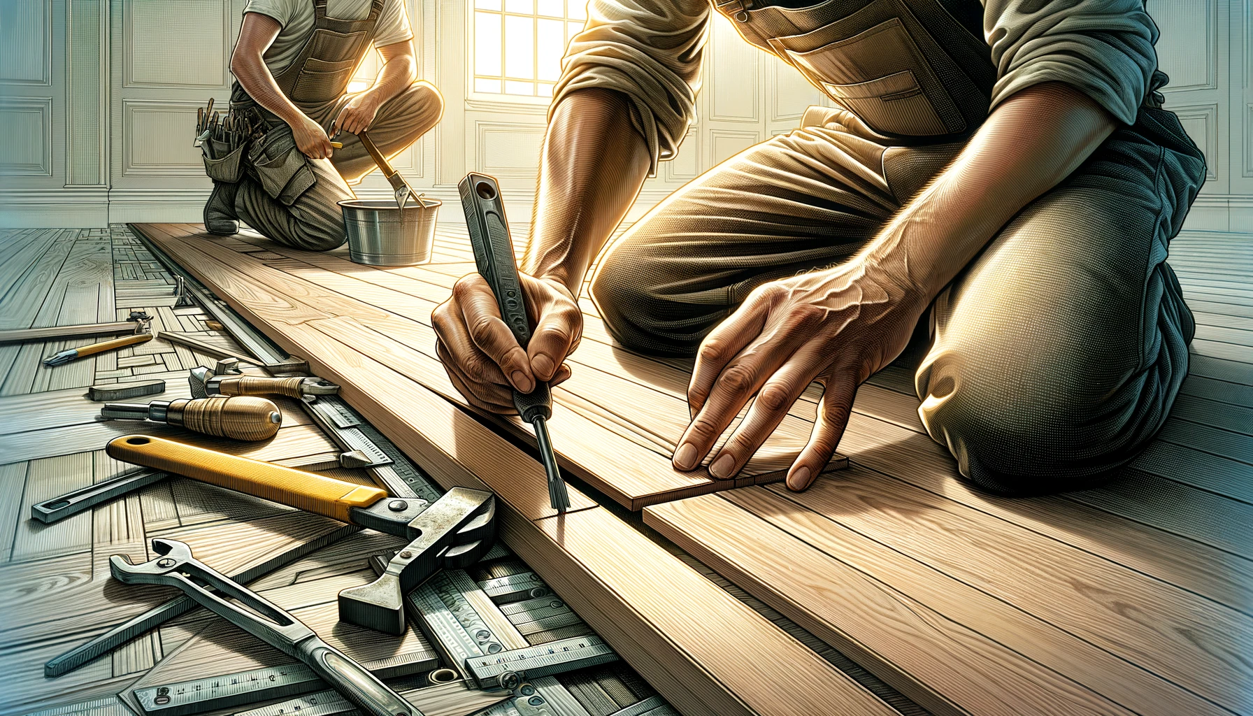 a detailed scene capturing skilled craftsmen from A Plus Tile and Remodeling