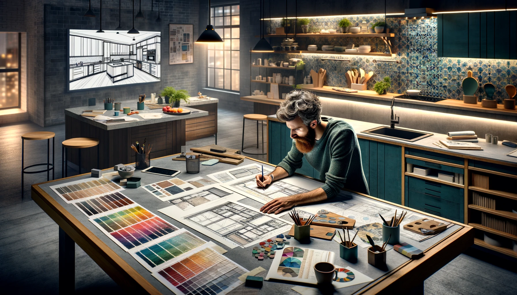 a focused designer sketching countertop and backsplash ideas on a large drafting table, surrounded by an array of color palettes