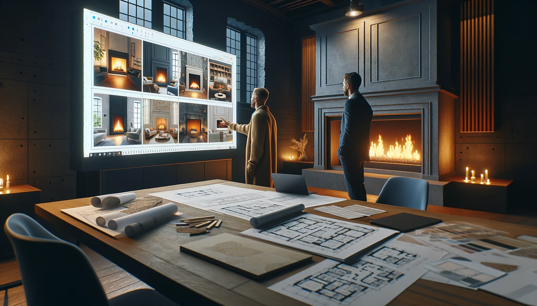 a focused scene where a designer unveils detailed sketches and 3D renderings of various fireplace options to an engaged homeowner.