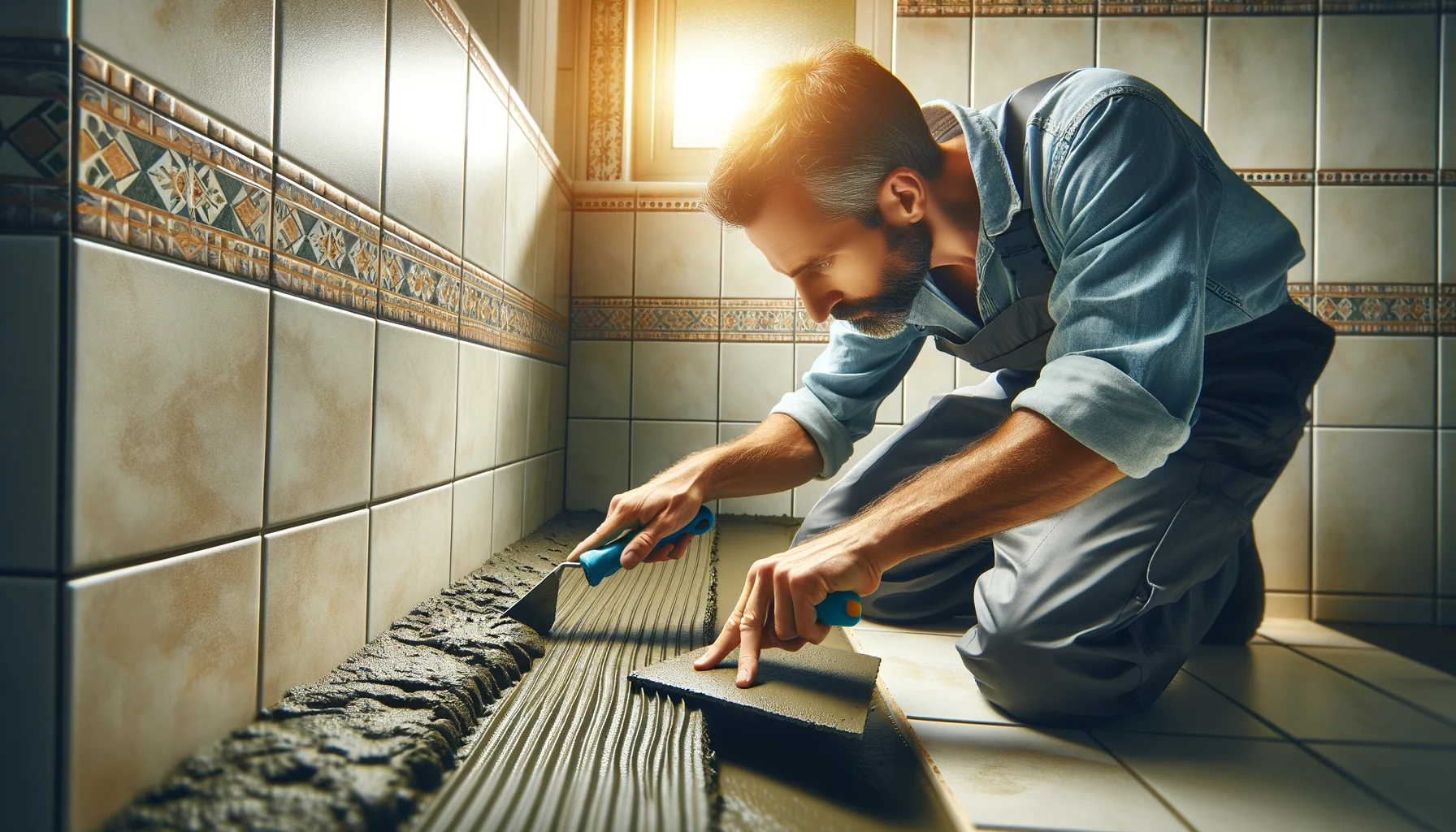 a professional applying fresh grout between newly installed ceramic tiles on a bathroom wall.