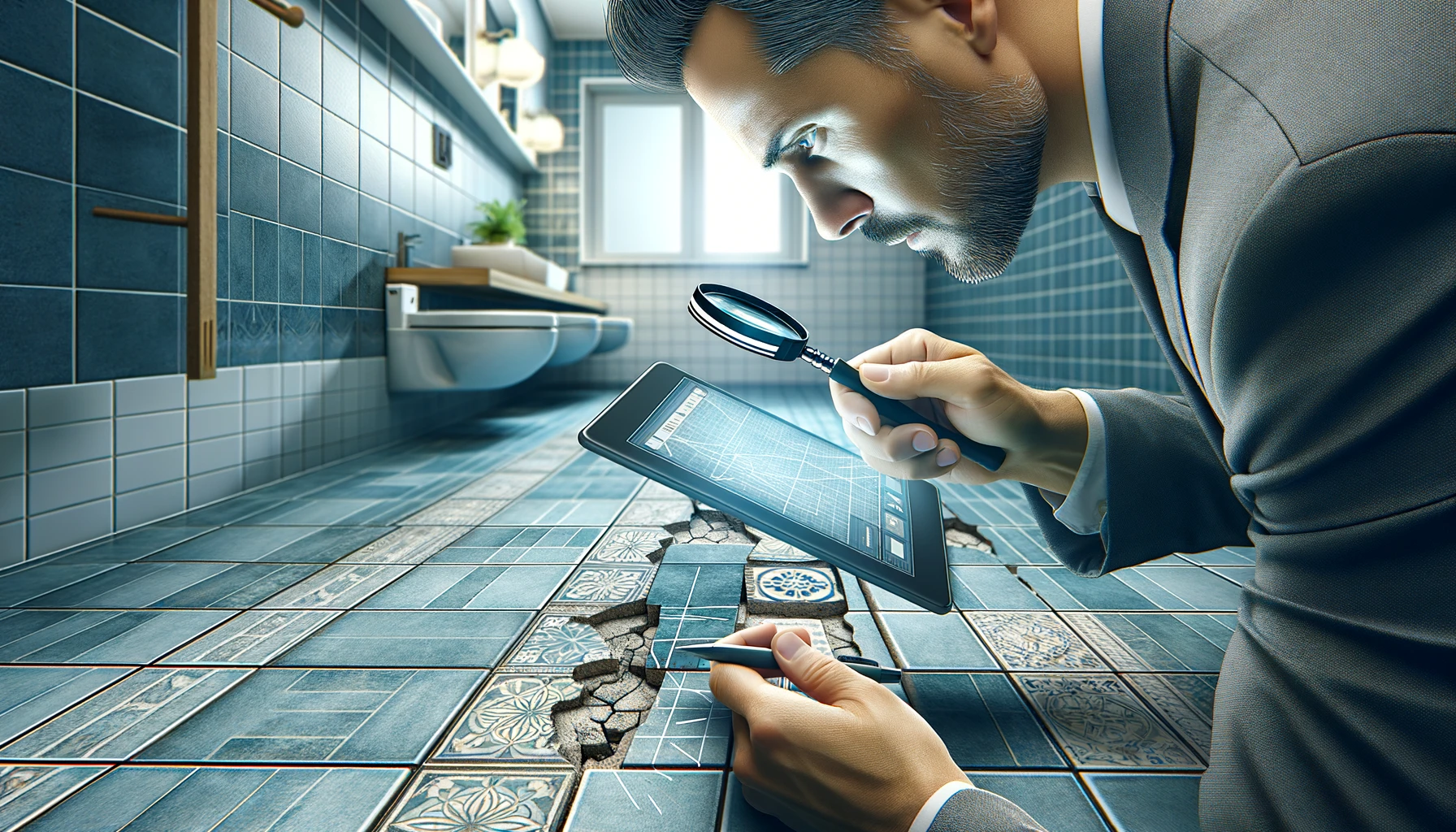 a professional, equipped with a magnifying glass and a digital tablet, closely inspecting a section of ceramic tiles on a bathroom floor