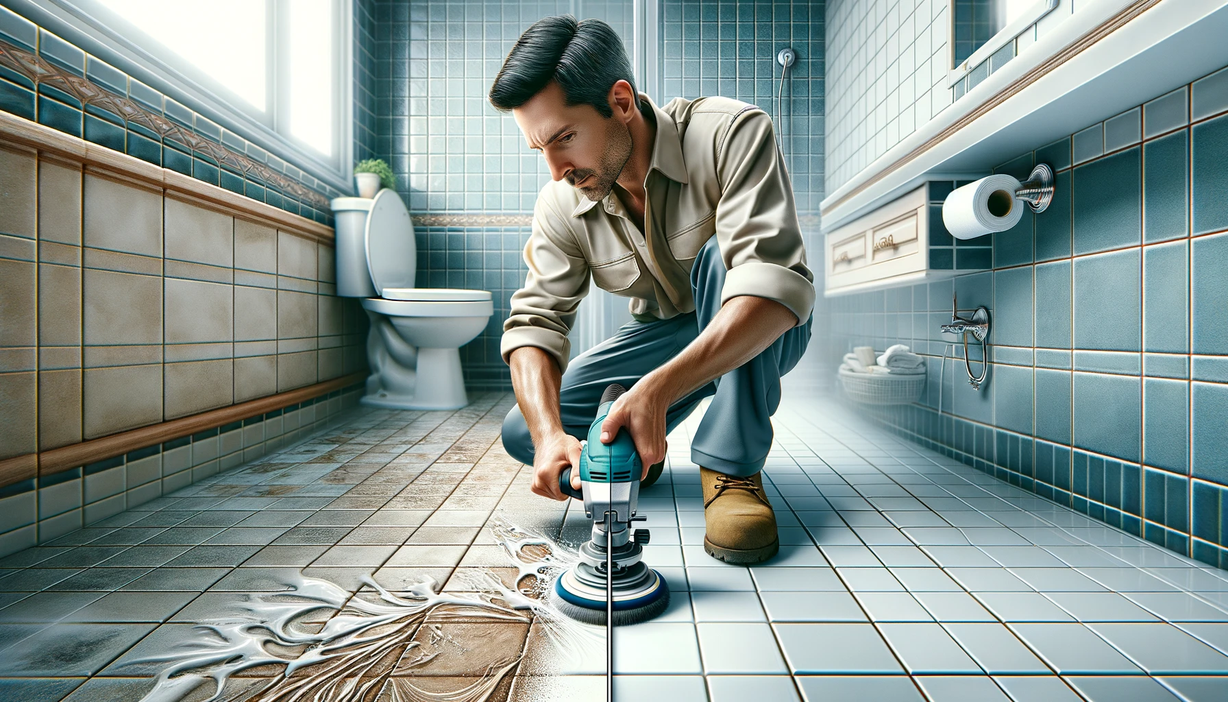 a professional using a small, handheld electric polisher on ceramic bathroom tiles, effectively restoring their shine and luster.