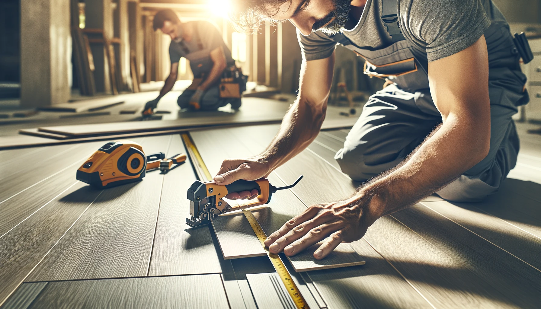 a scene where skilled craftsmen are in the process of installing luxury vinyl tile (LVT) flooring