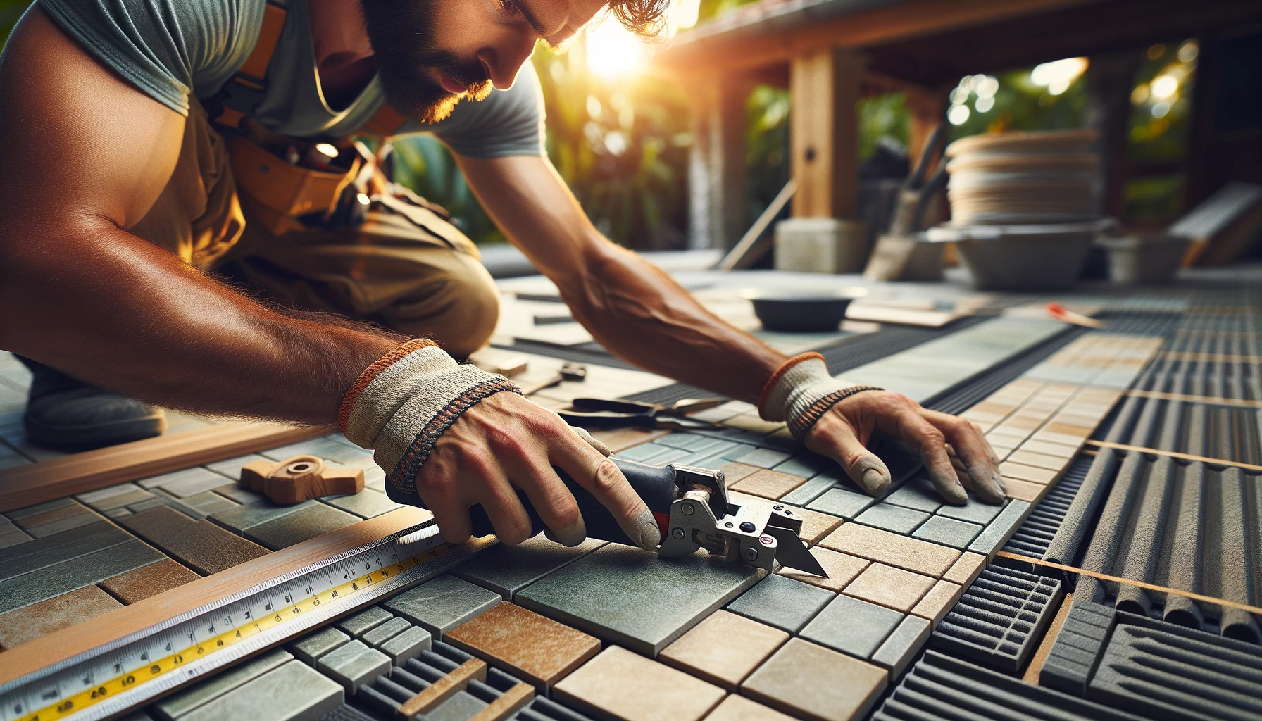 a scene where skilled craftsmen are in the process of installing outdoor patio tiles, emphasizing their meticulous technique