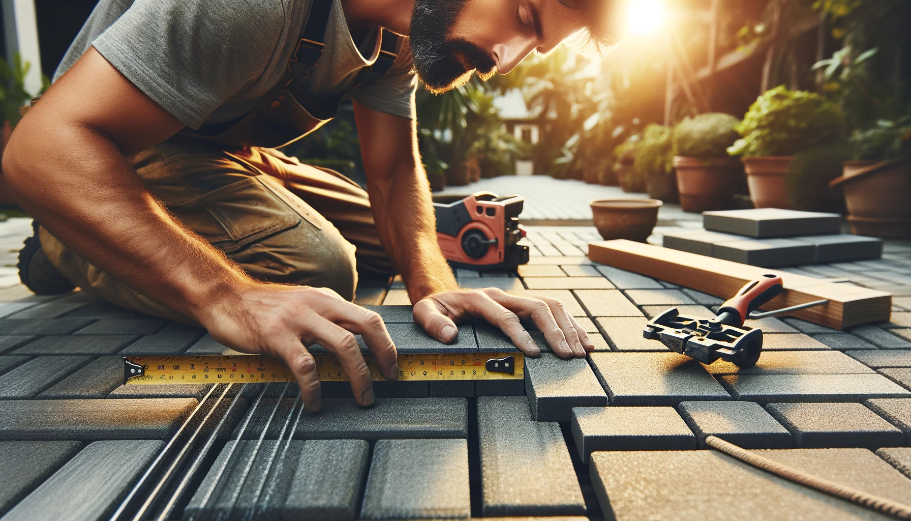 a scene where skilled craftsmen are in the process of installing patio pavers, emphasizing their meticulous technique