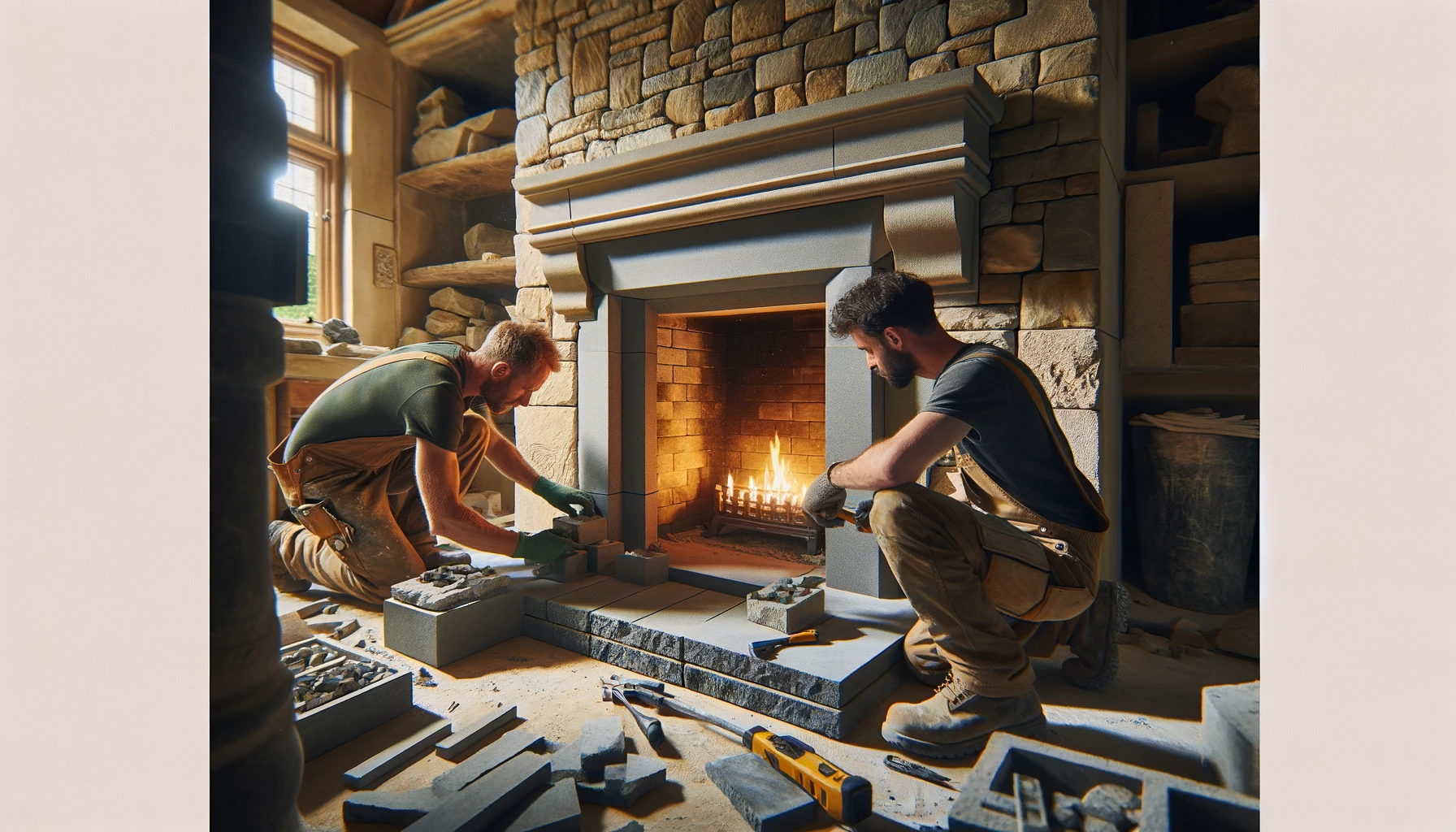 a scene where skilled craftsmen are installing a fireplace with meticulous attention to detail. The focus is on their precision