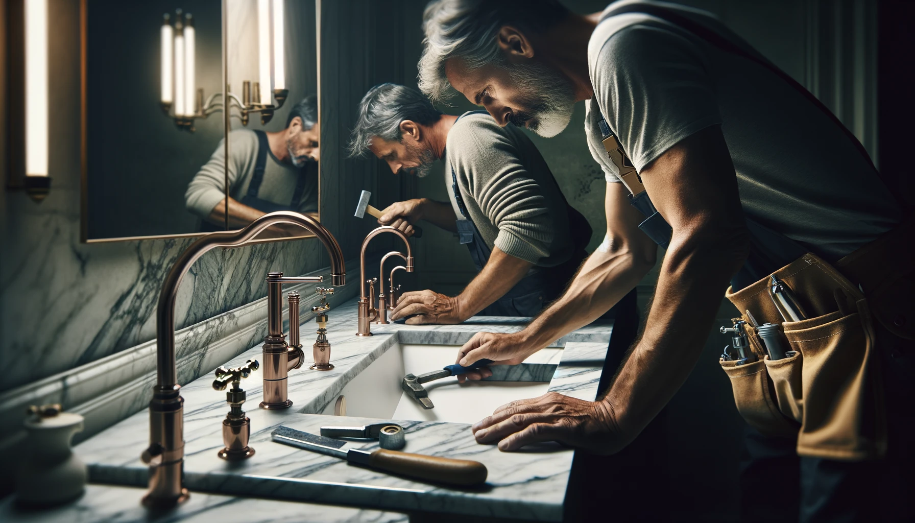 a scene where skilled craftsmen are installing a marble vanity top and elegant fixtures in a bathroom, with meticulous attention