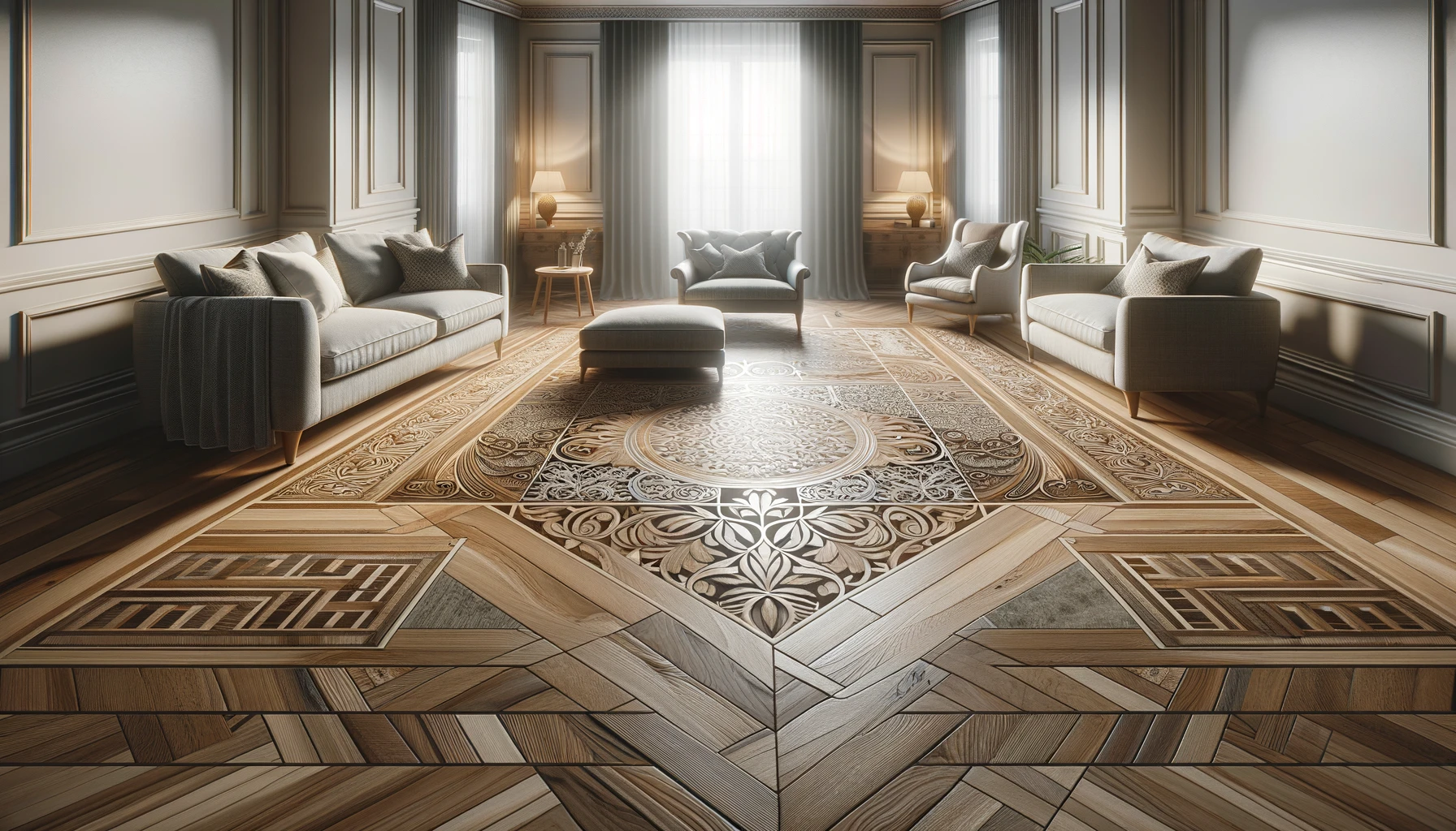 a stunning wood floor that features intricate inlays or a herringbone pattern, adding a unique and artistic touch to the space.