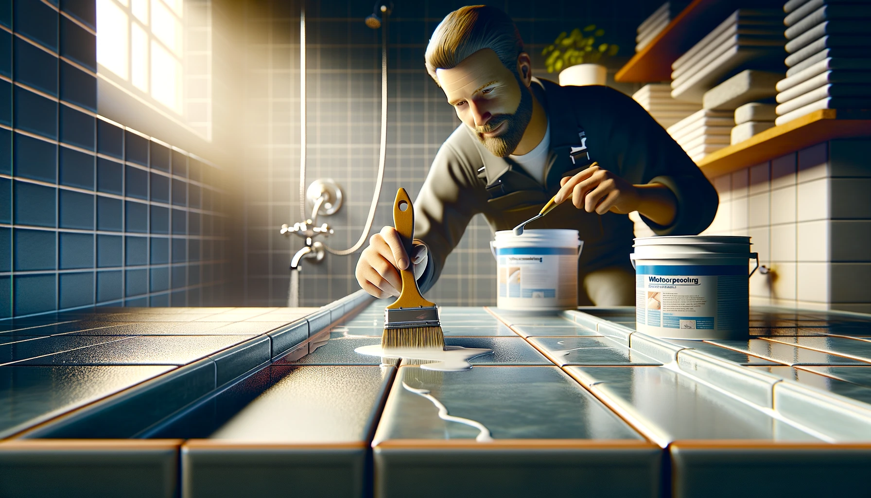 a technician applying a waterproofing sealant over ceramic tiles in a shower area, using a brush to create a protective layer.