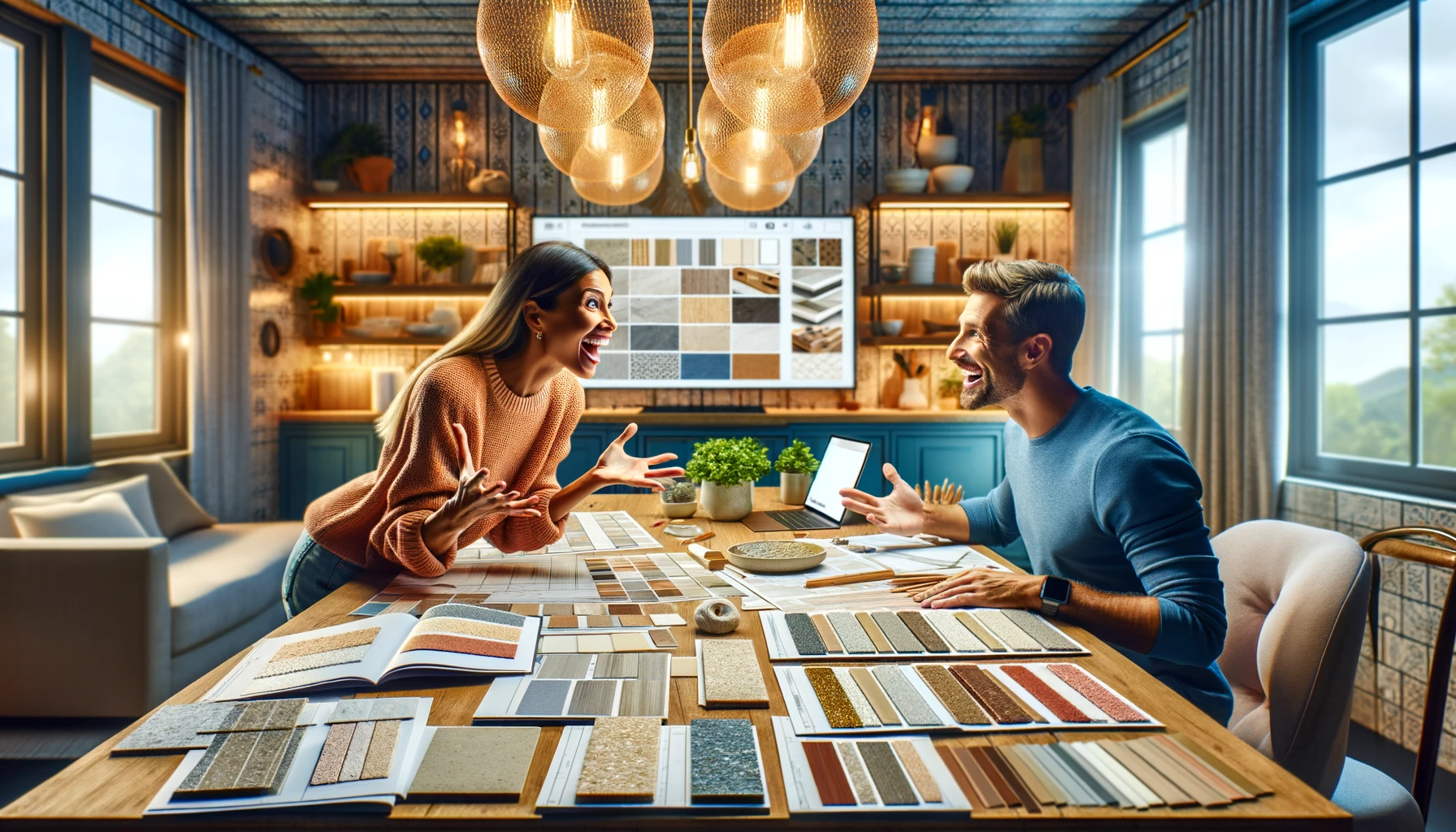 a warm and inviting consultation setting where a homeowner excitedly shares their vision for kitchen countertops and backsplashes