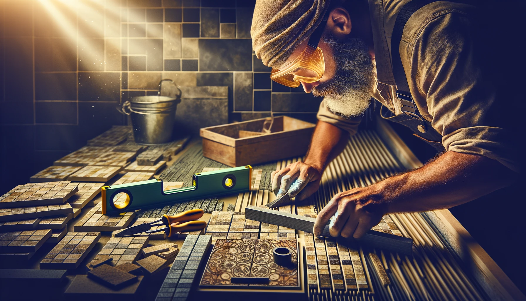 an image capturing a moment where skilled craftsmen are precisely installing a tile backsplash