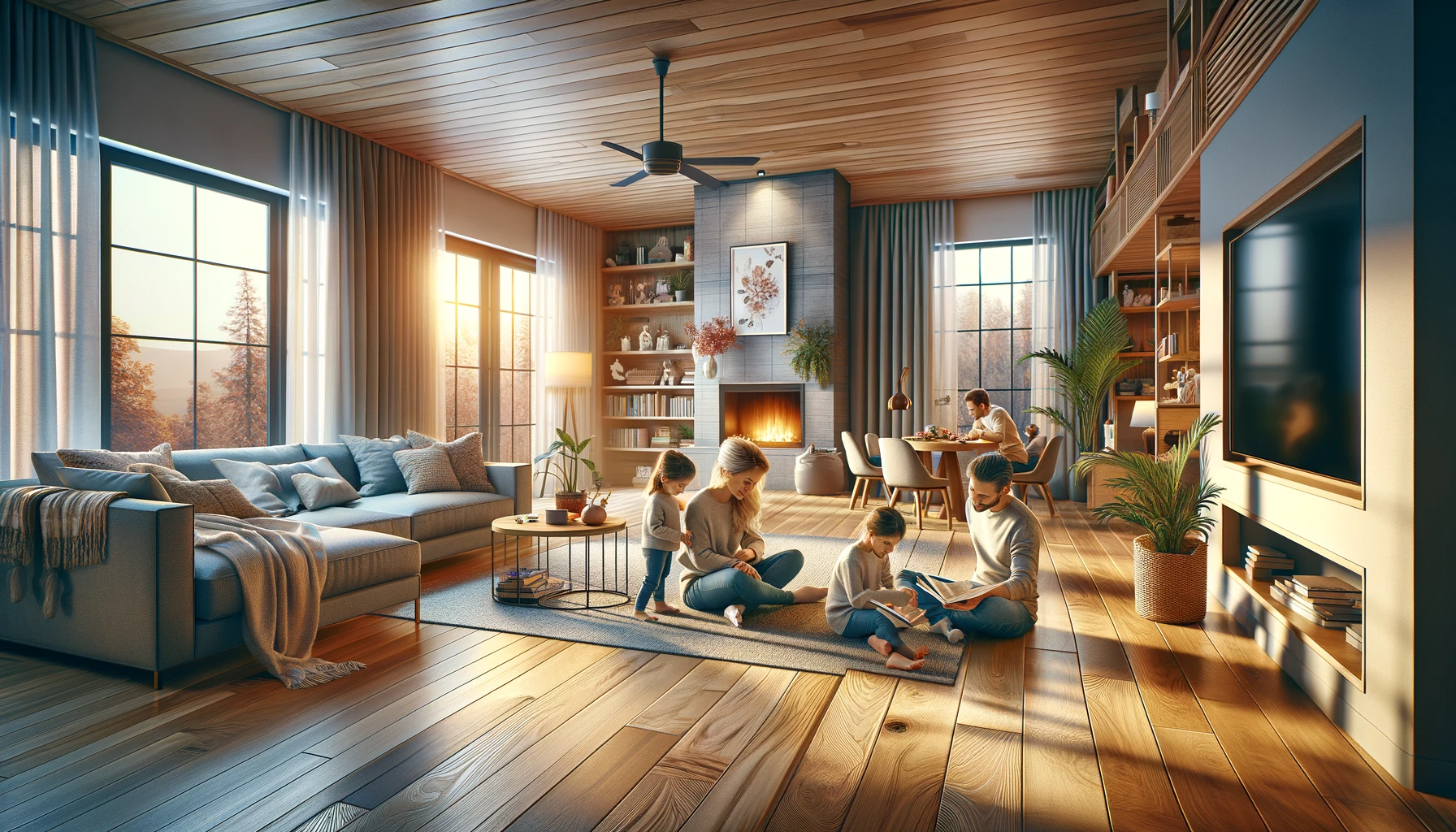 an image depicting a family enjoying a cozy moment in their living room, which features luxurious new wood flooring.