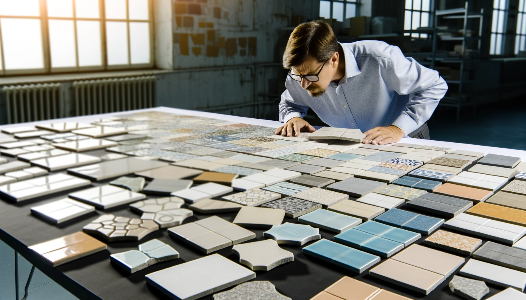 an image depicting a large table covered with various ceramic tiles in different shapes, sizes, and colors.