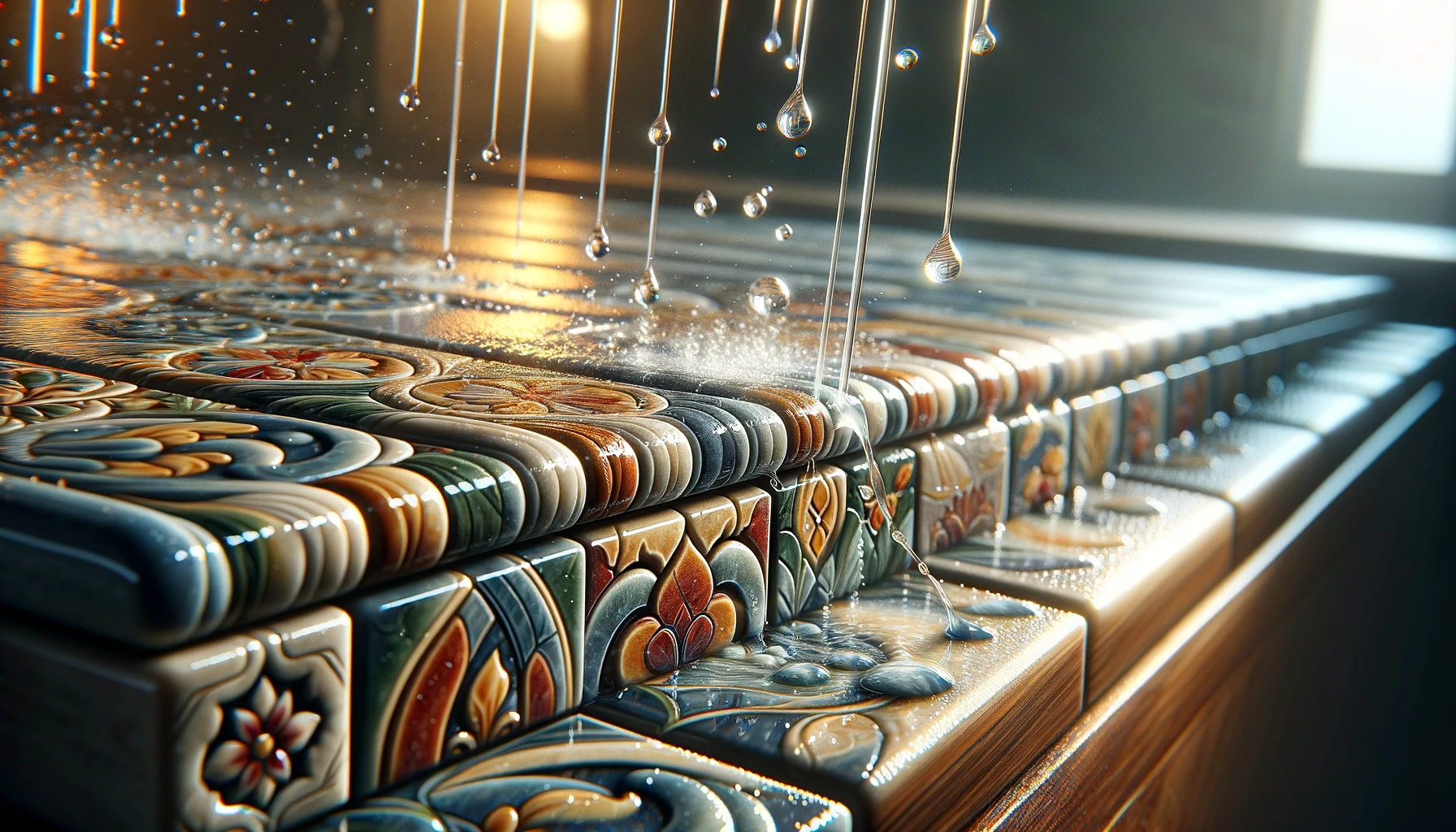 an image illustrating a close-up of a beautiful tile backsplash with water droplets cascading down its surface