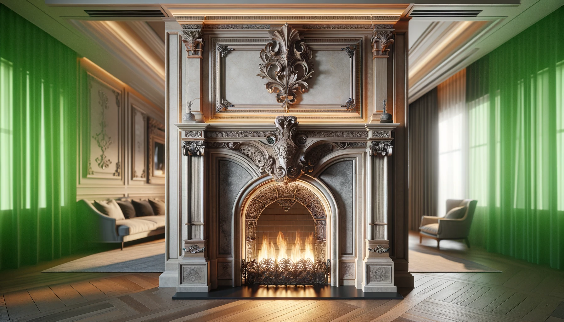 an image of a beautifully designed fireplace featuring a custom mantel and surround.