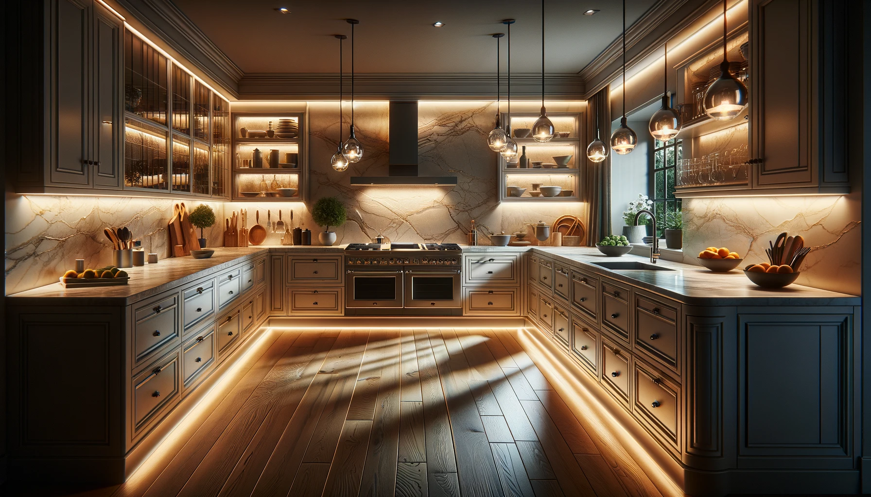 an image of a beautifully lit kitchen with a focus on the countertops and backsplash.