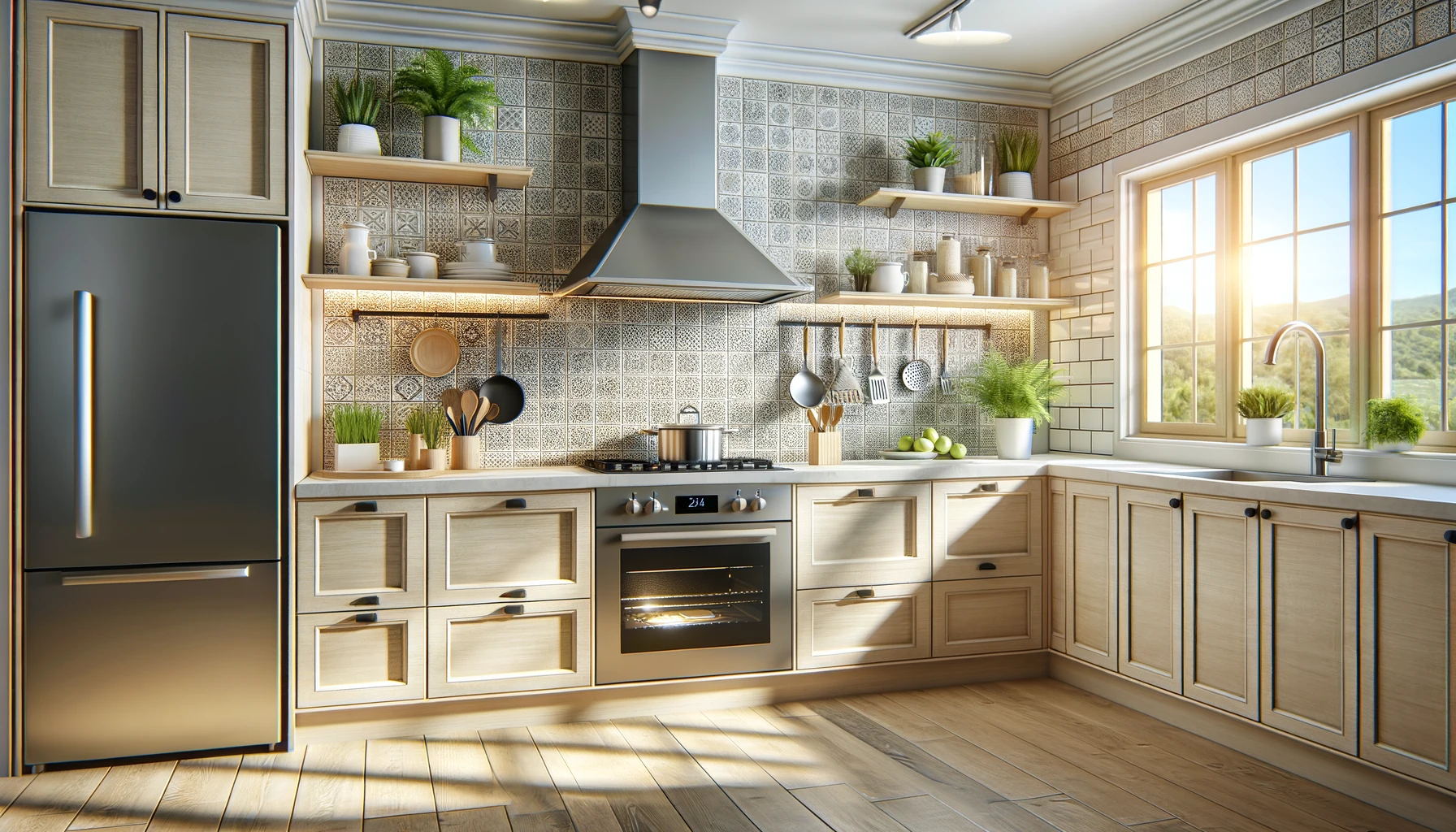 an image of a bright, modern kitchen featuring a newly installed tile backsplash that perfectly complements the countertops and cabinet