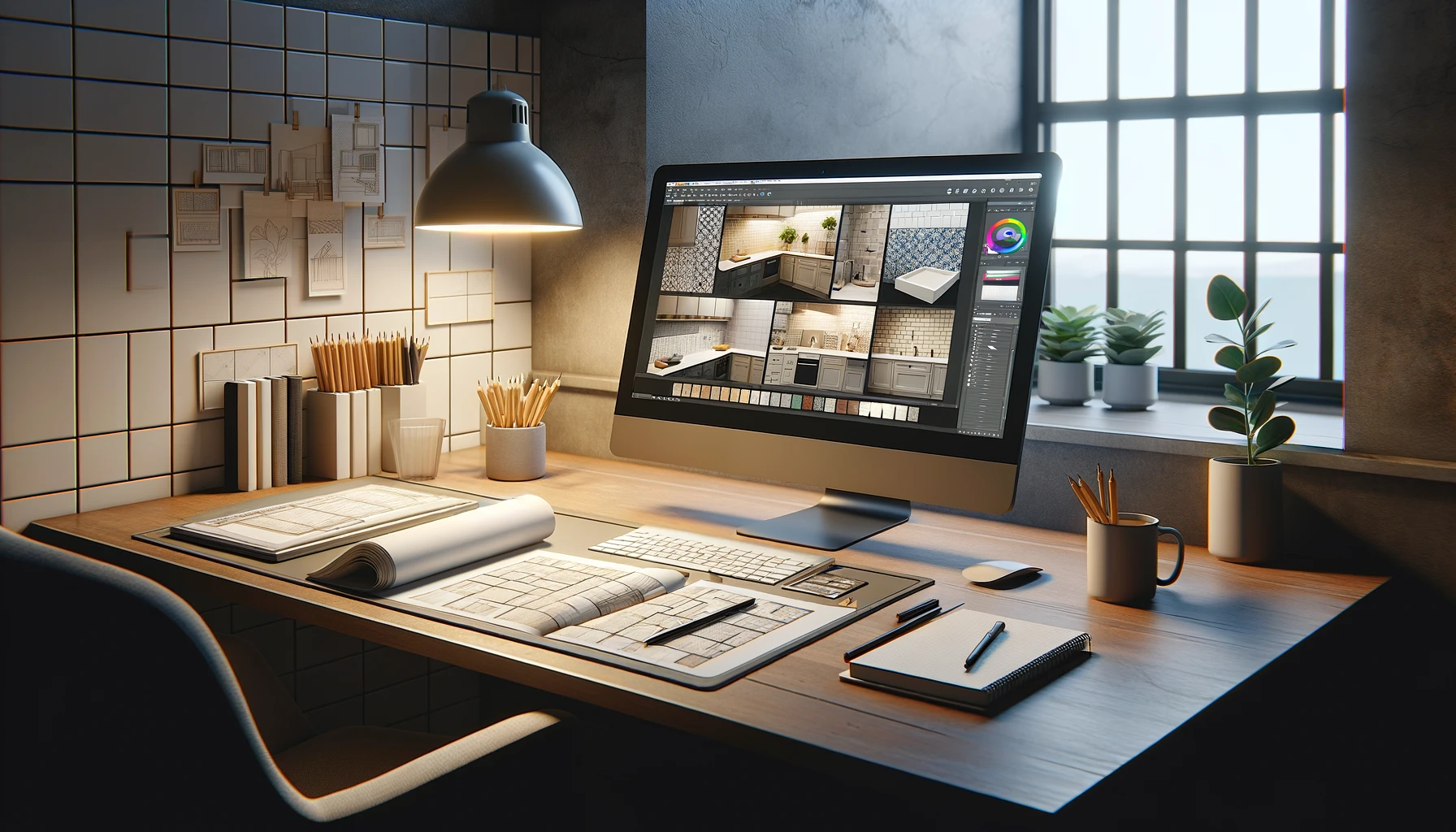 an image of a designer's workspace that is organized and streamlined, focusing on the creation of custom backsplash layouts.