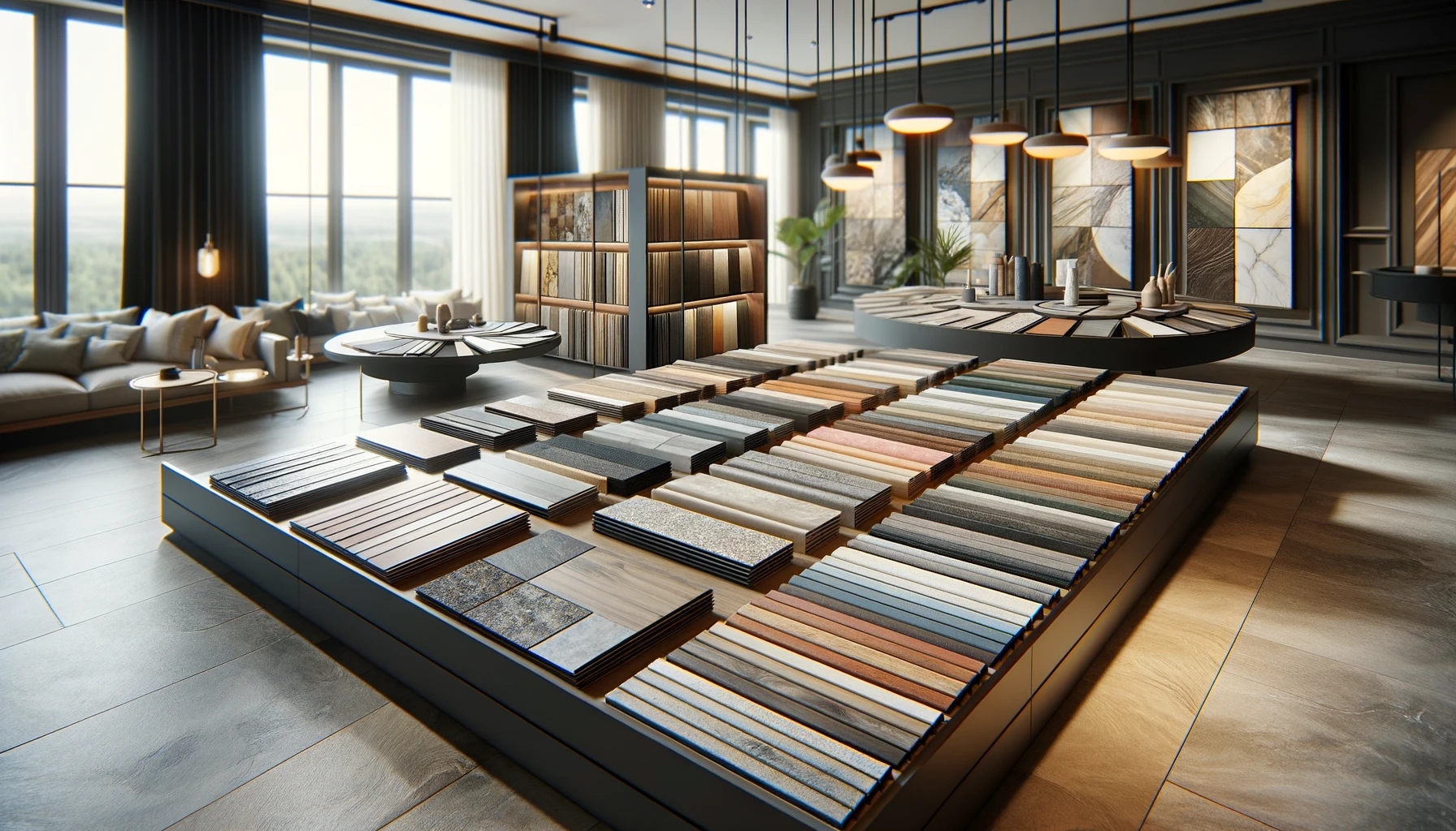 an image of a display table showcasing a selection of luxury vinyl tile (LVT) materials, each piece highlighting its unique color