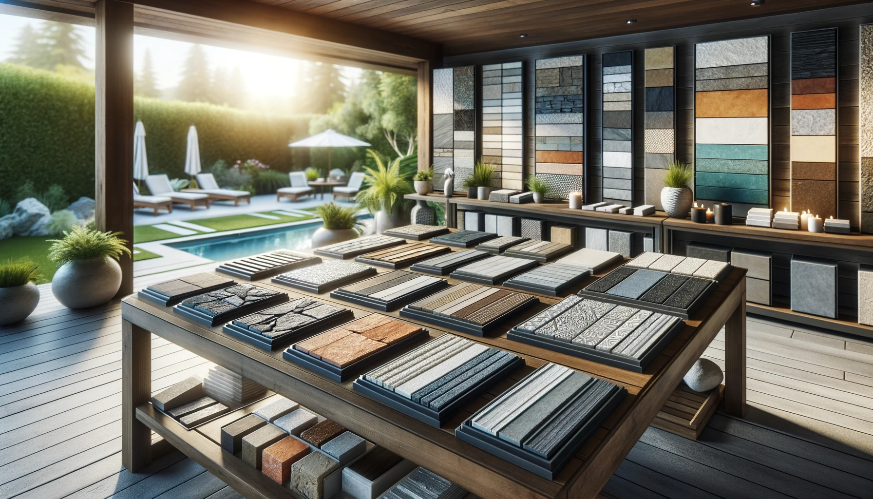 an image of a display table showcasing a selection of patio materials, emphasizing the diversity and quality of options available