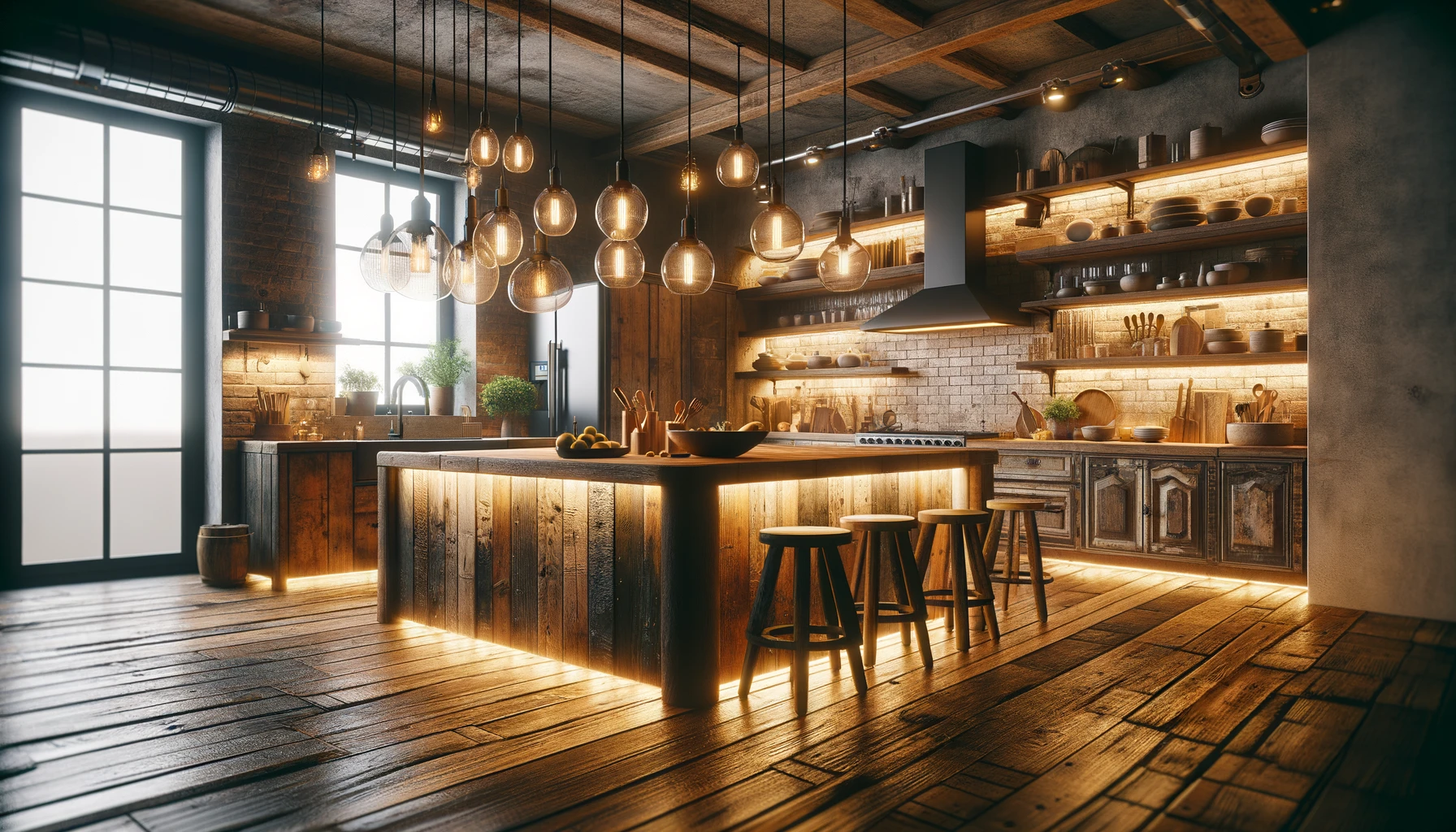 an image of a kitchen that blends rustic charm with modern elegance, featuring innovative lighting solutions.