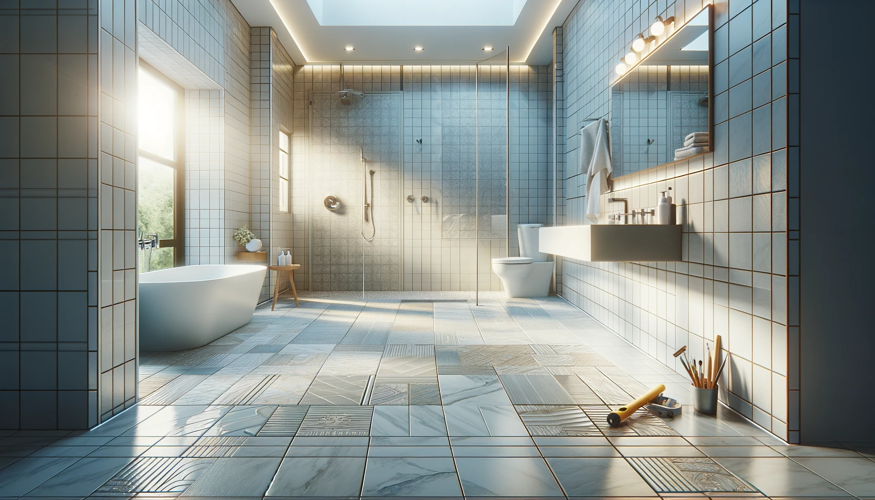 an image showcasing a bright, modern bathroom with pristine ceramic tiles on the floor and walls.