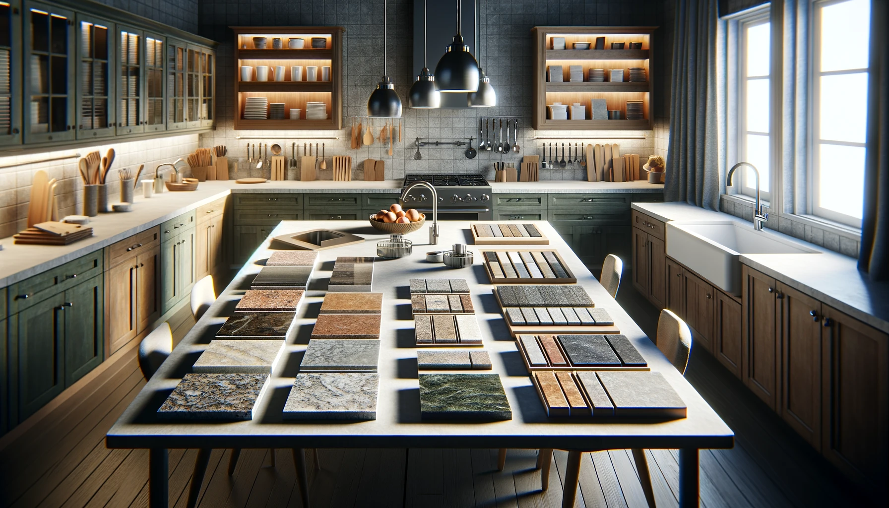 an image showcasing a display of high-quality kitchen renovation materials laid out on a table for easy viewing and selection.