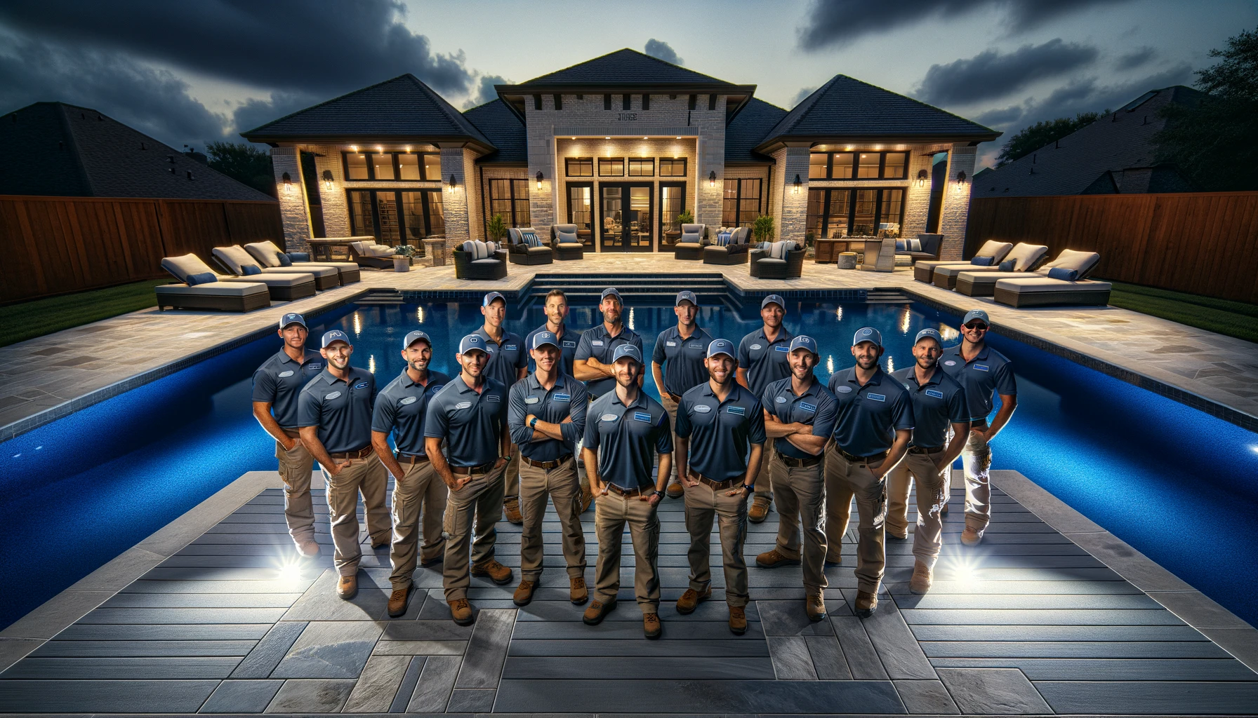 an image showcasing the A Plus Tile and Remodeling team gathered on a completed pool deck project, embodying professionalism and pride.