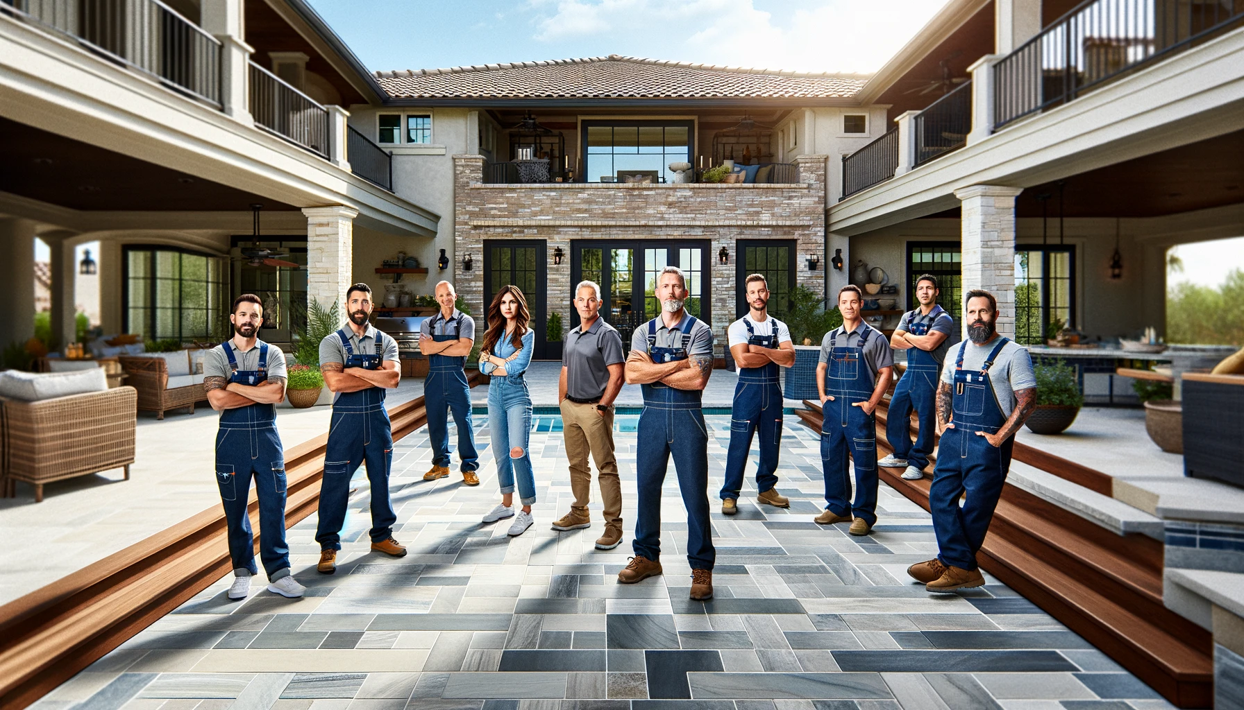 an image showcasing the dedicated team of A Plus Tile and Remodeling standing proudly on a newly finished outdoor patio.