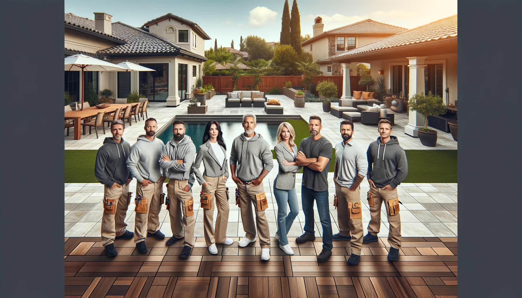 an image showcasing the dedicated team of A Plus Tile and Remodeling standing proudly on a newly finished patio.