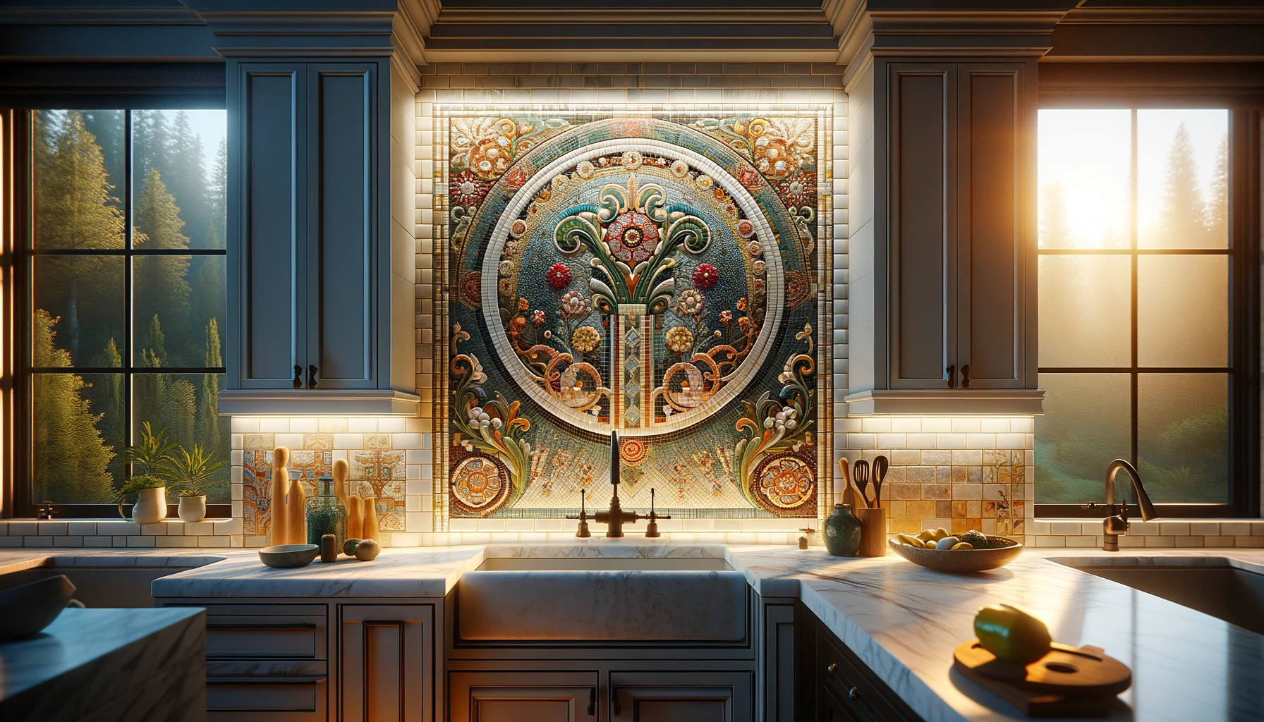 an image showing a detailed view of a tile backsplash featuring custom accents, like a decorative mosaic or a unique tile pattern