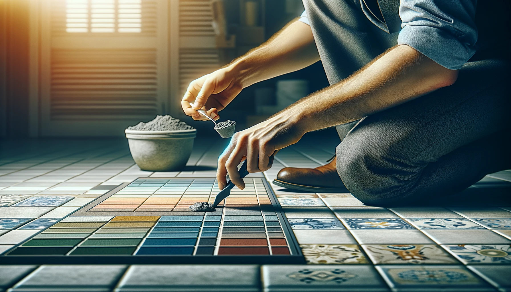 an image showing a professional kneeling on a tiled floor, meticulously selecting the perfect shade of grout from a palette of grout colors