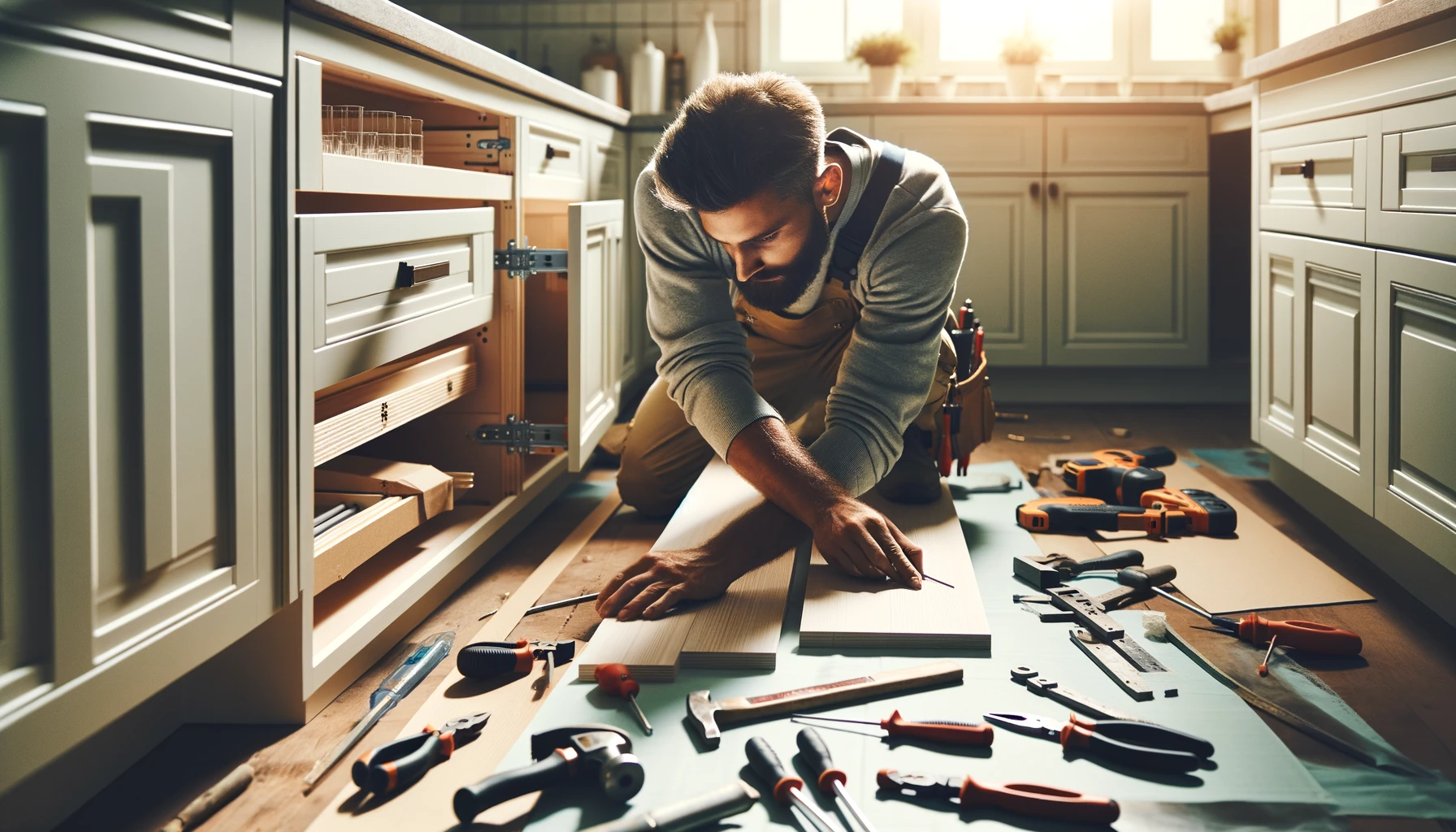 craftsmen installing custom kitchen cabinetry with high precision and attention to detail.