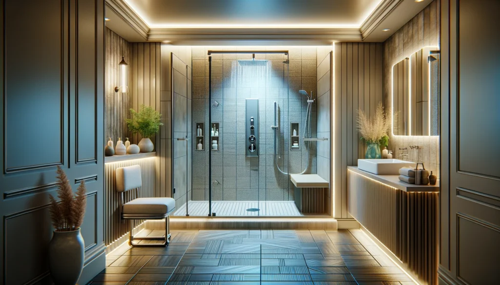 spacious modern bathroom featuring an accessibility shower