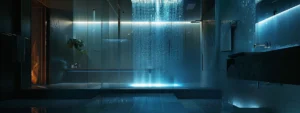 a futuristic shower with sleek, minimalist features in a luxurious bathroom setting.