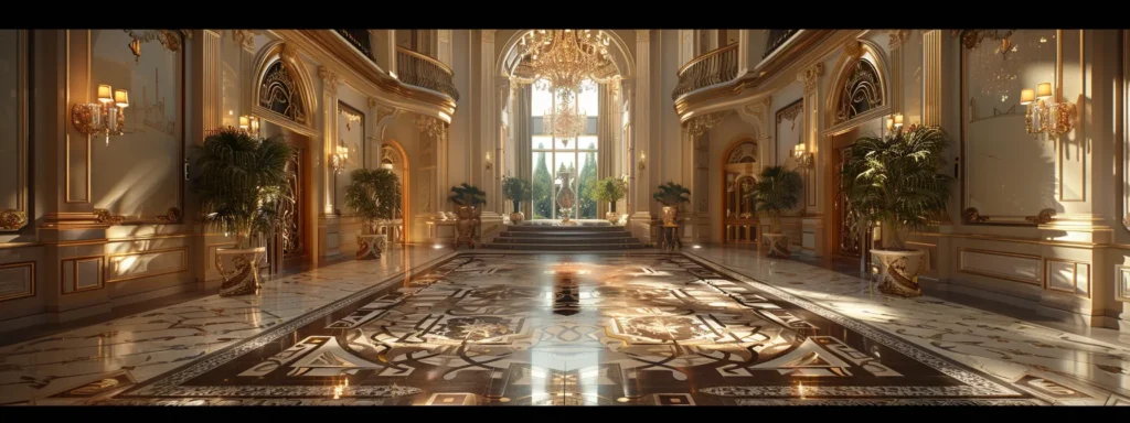 a elegant foyer with intricate mosaic tile flooring and a grand chandelier hanging above.