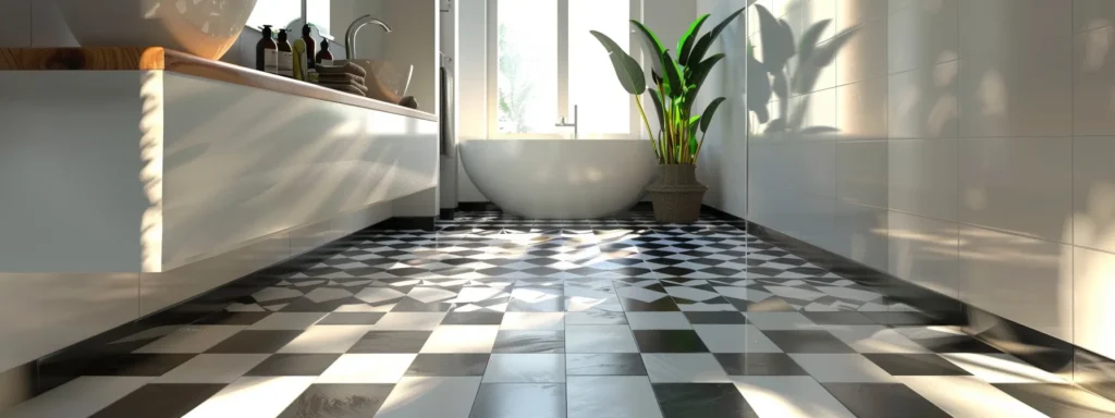 a sleek and modern bathroom with black and white geometric floor tiles.